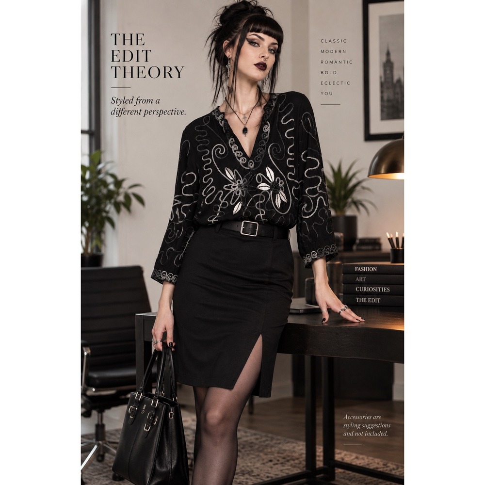 Lauren Michelle L Black Embroidered Boho Goth Statement Tunic Top